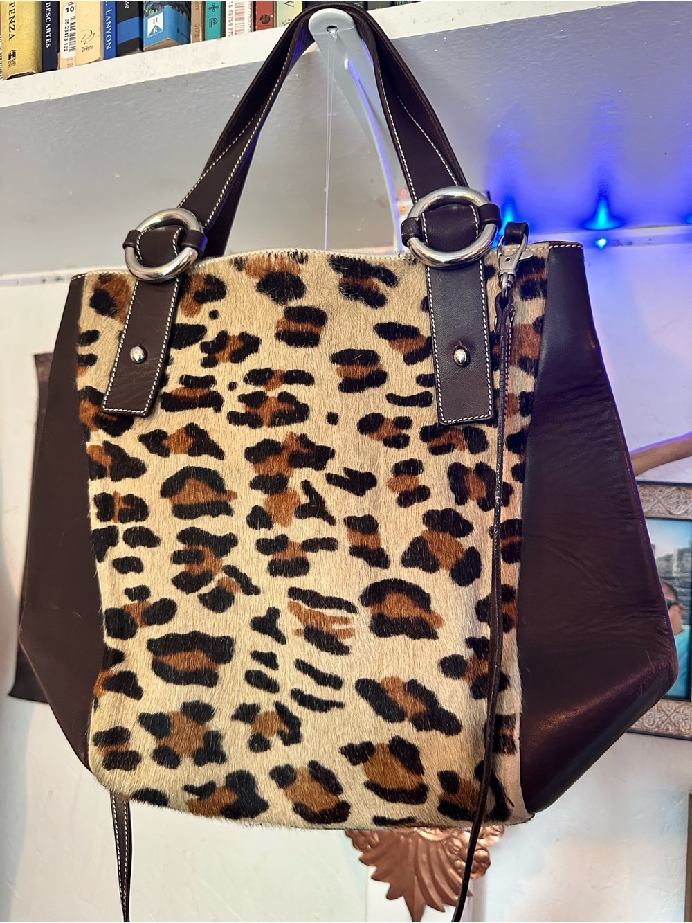 Leopard Print Tote with Dark Brown genuine Leather made in Spain